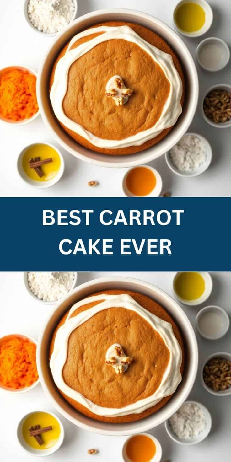 Layered carrot cake with cream cheese frosting in round pan, surrounded by ingredients including carrots, spices, and oil.