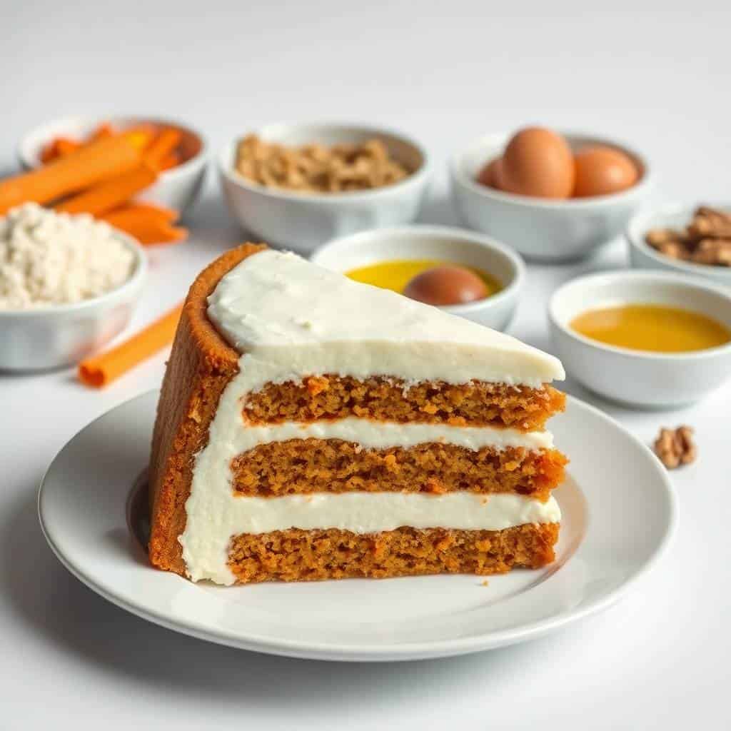 Layered carrot cake slice with cream cheese frosting and ingredients displayed in bowls behind.