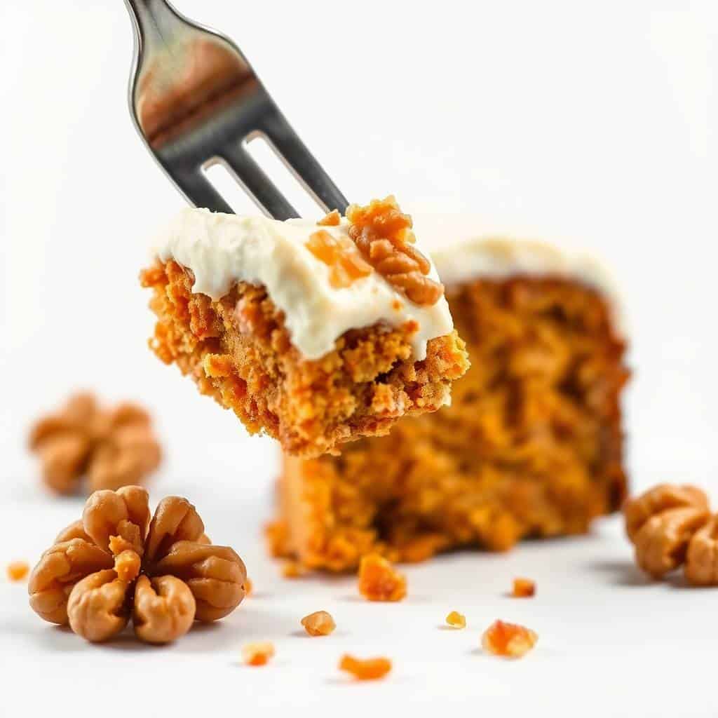 Fork lifting slice of carrot cake with cream cheese frosting and walnuts on white surface.