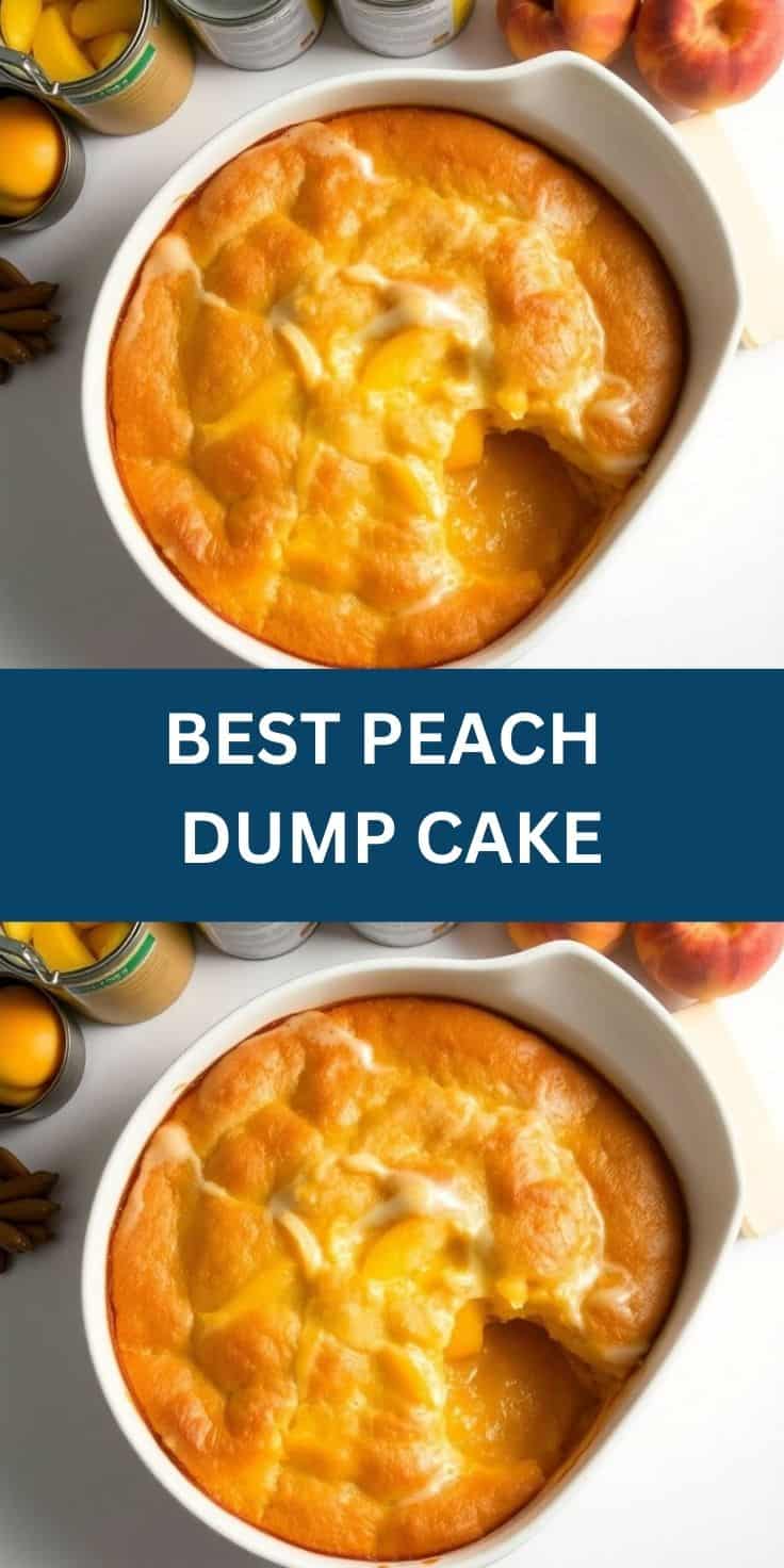 Homemade peach dump cake baked in white dish with golden-brown cake and yellow fruit filling visible.