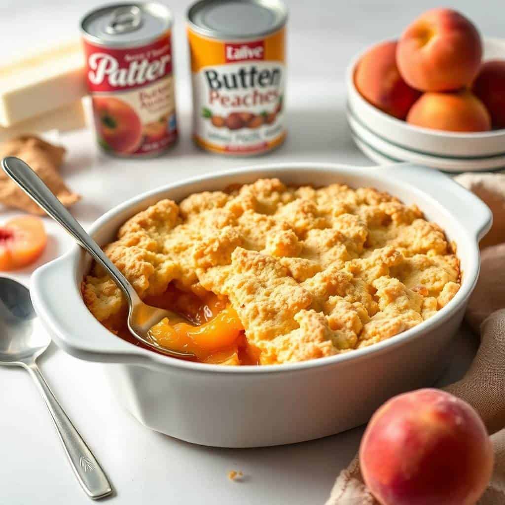 Peach dump cake with golden biscuit topping in white baking dish, fresh peaches and butter spread nearby.
