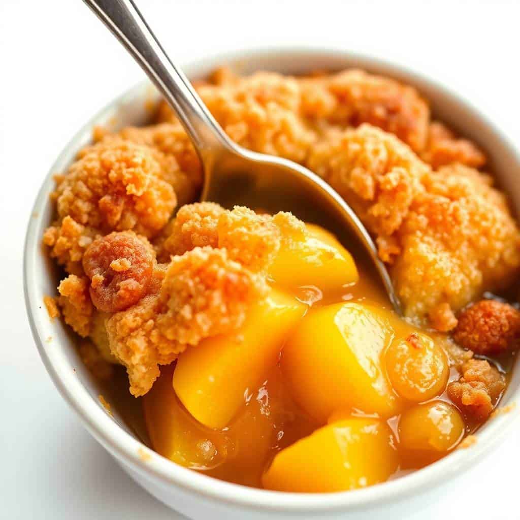 Peach dump cake in white bowl with golden biscuit topping and spoon, showing peach filling.