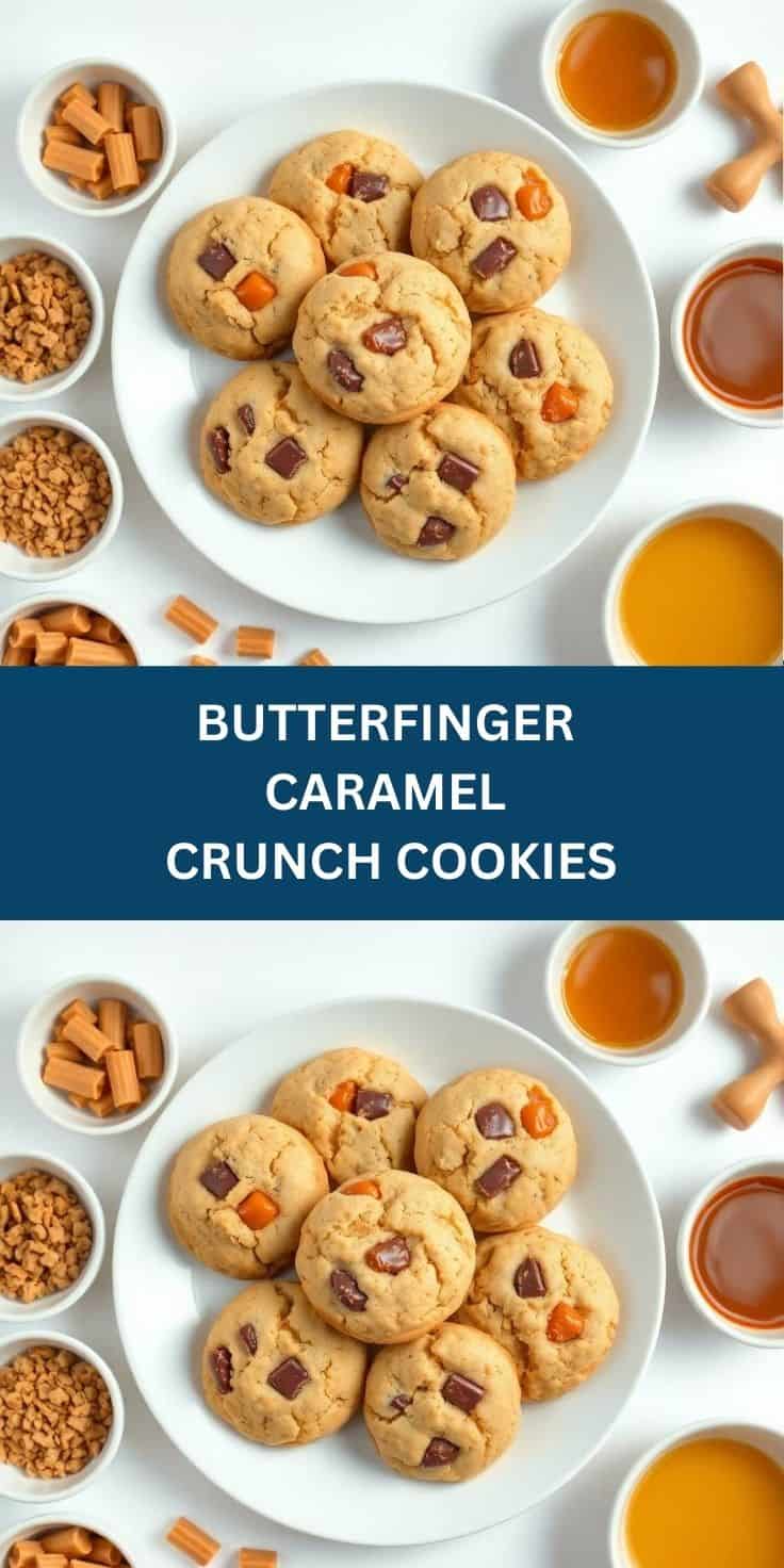Butterfinger caramel crunch cookies on white plate with ingredients and caramel sauce arranged around.