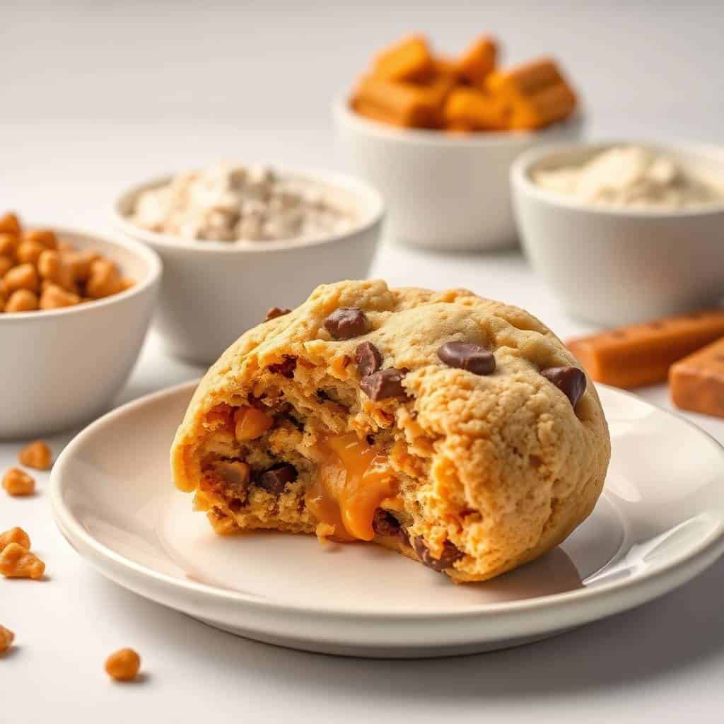 Butterfinger caramel crunch cookie broken in half on white plate, displaying chocolate chips and caramel pieces.