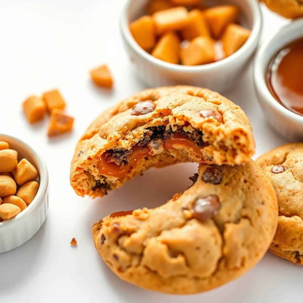 Butterfinger caramel crunch cookies broken open, displaying caramel filling, surrounded by toffee bits and serving bowls.