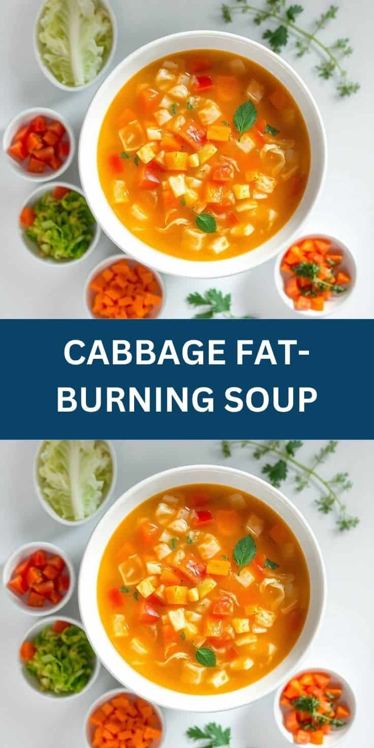 Cabbage fat-burning soup served in white bowl with fresh herbs, surrounded by ingredient prep bowls.