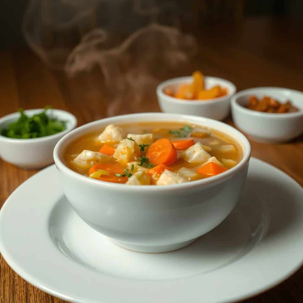 Cabbage fat-burning soup served in white bowl with carrots, tofu, broth, and fresh herbs garnish.