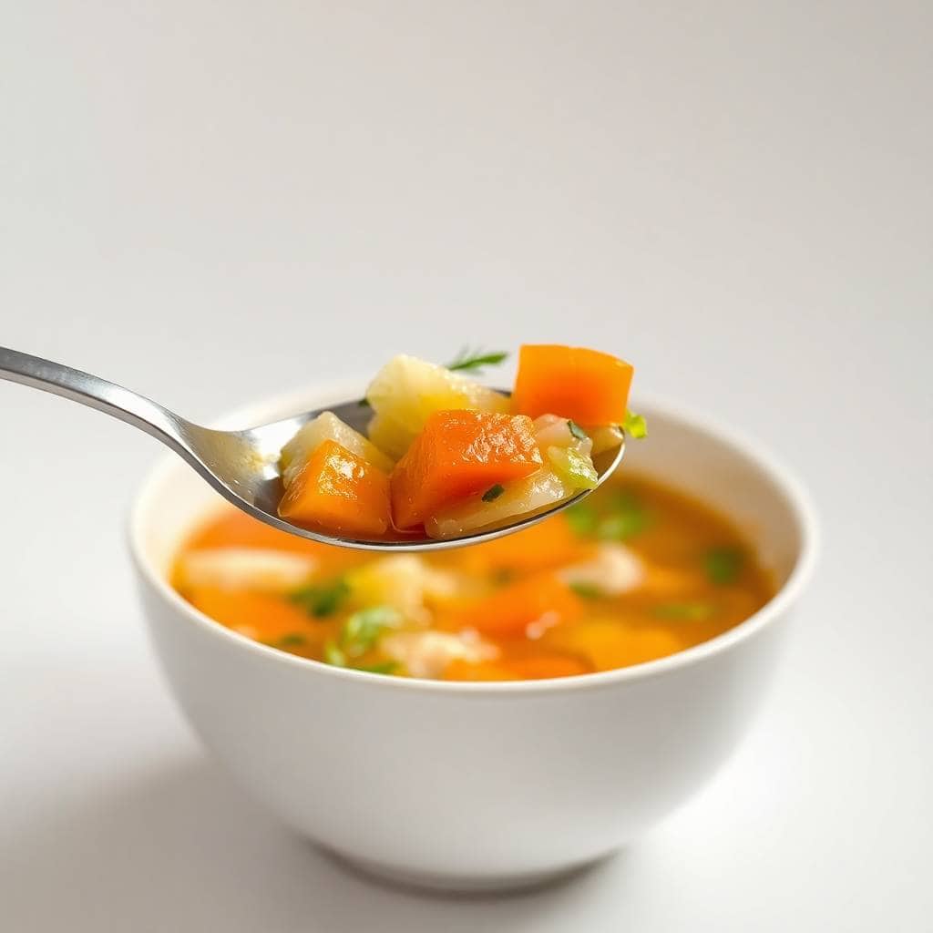 Cabbage fat-burning soup served in white bowl with carrots, potatoes, and green garnish on spoon.