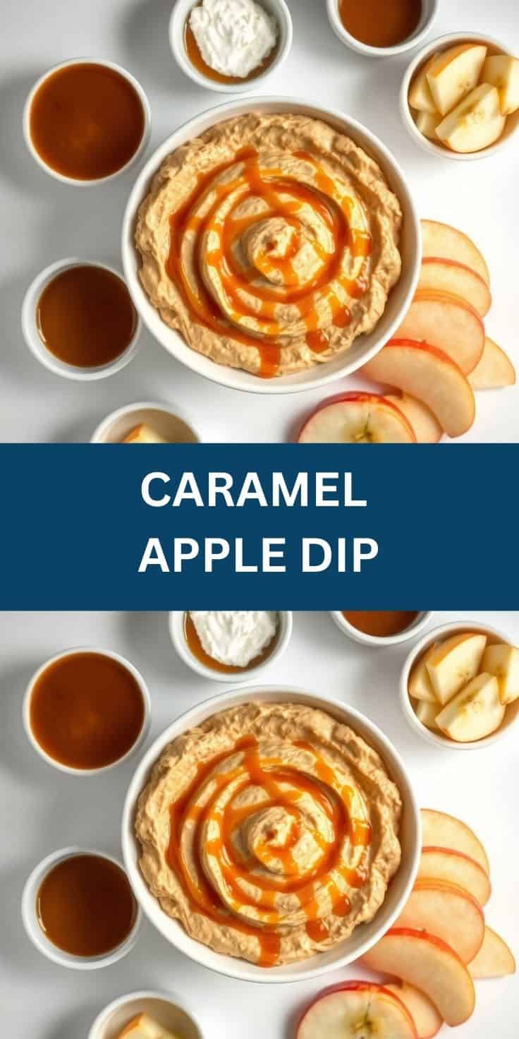 Caramel apple dip with whipped cream base, caramel swirl, fresh apple slices, and caramel sauce bowls.