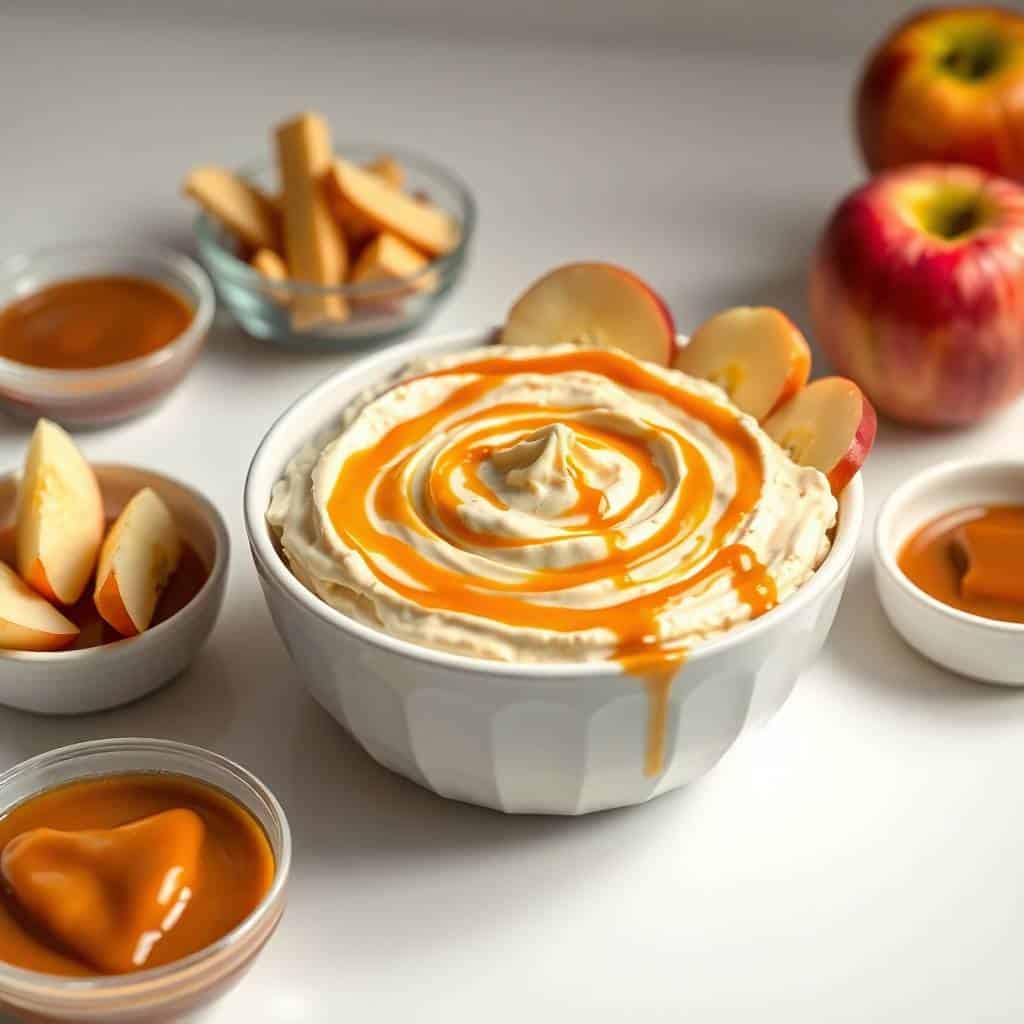 Creamy caramel apple dip drizzled with caramel sauce, surrounded by apple slices and fries.