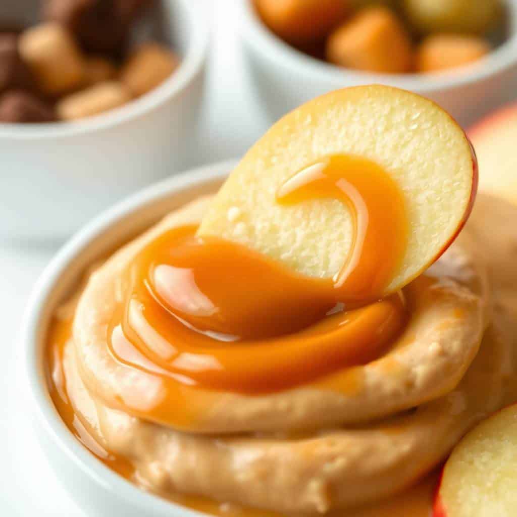 Caramel apple dip served in white bowl with apple slice garnish and crackers.