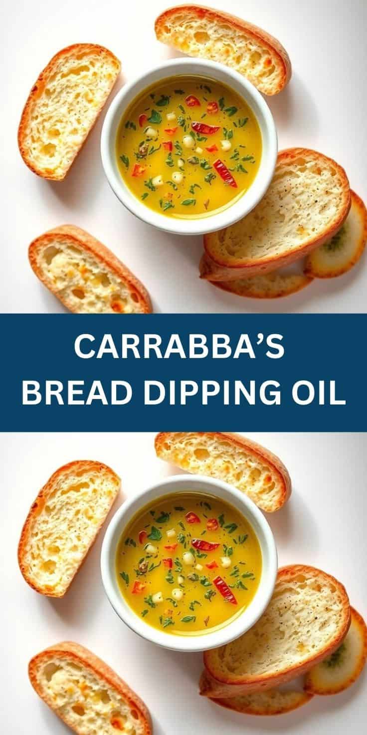 Carrabba's bread dipping oil in white bowl with toasted bread slices, garnished with red peppers and herbs.