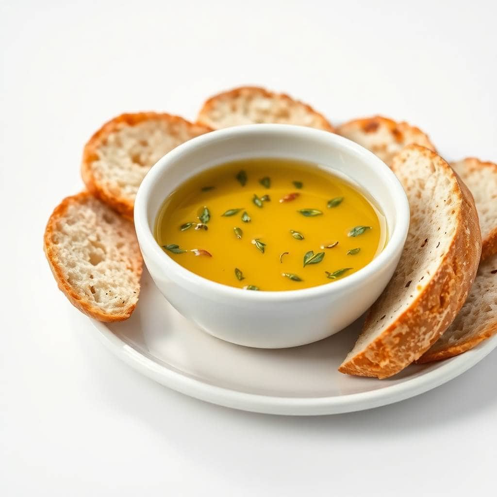 Bread dipping oil in white bowl garnished with herbs, surrounded by toasted bread slices on white plate.