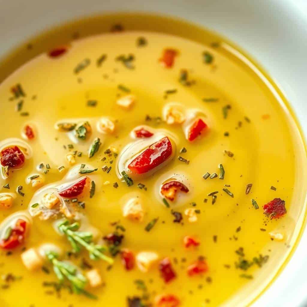 Carrabba's bread dipping oil in yellow bowl with red pepper flakes and fresh rosemary garnish.