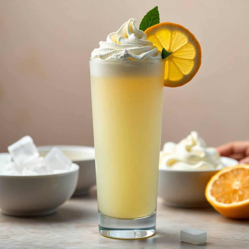 Frosted lemonade with whipped cream topping, lemon slice garnish, and mint leaf in tall glass.