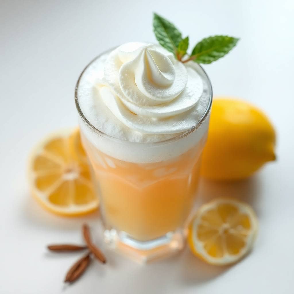 Frosted lemonade in tall glass with whipped cream swirl, mint garnish, lemon slices, and star anise.