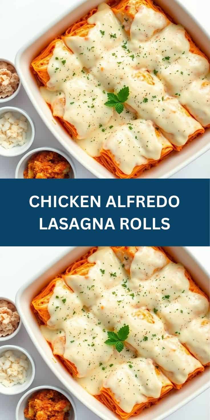 Chicken Alfredo Lasagna Rolls baked in white dish, topped with melted cheese, fresh parsley, and black pepper.
