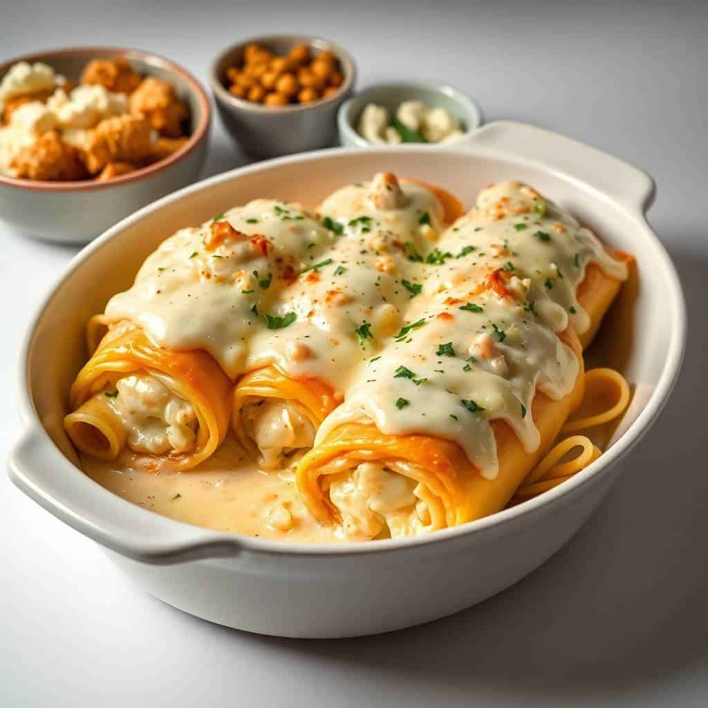 Chicken Alfredo lasagna rolls topped with creamy sauce, fresh parsley, and black pepper in a white bowl.