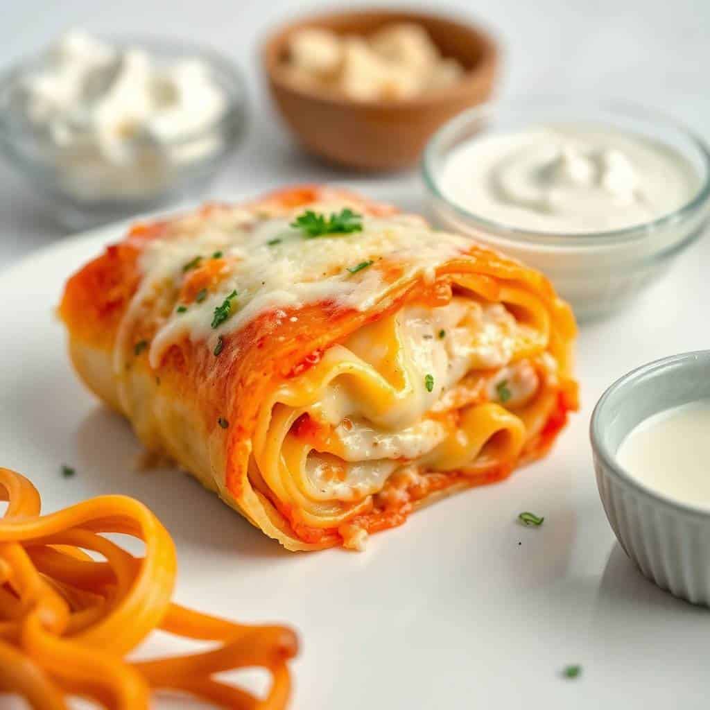 Chicken Alfredo lasagna rolls topped with melted cheese, garnished with parsley, served with creamy sauce.