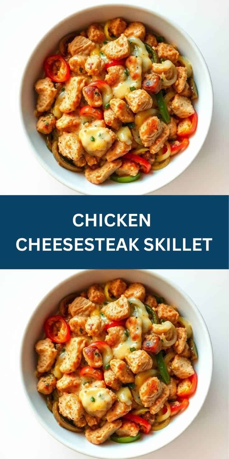 Chicken Cheesesteak Skillet with melted cheese, red peppers, and onions in white bowl.