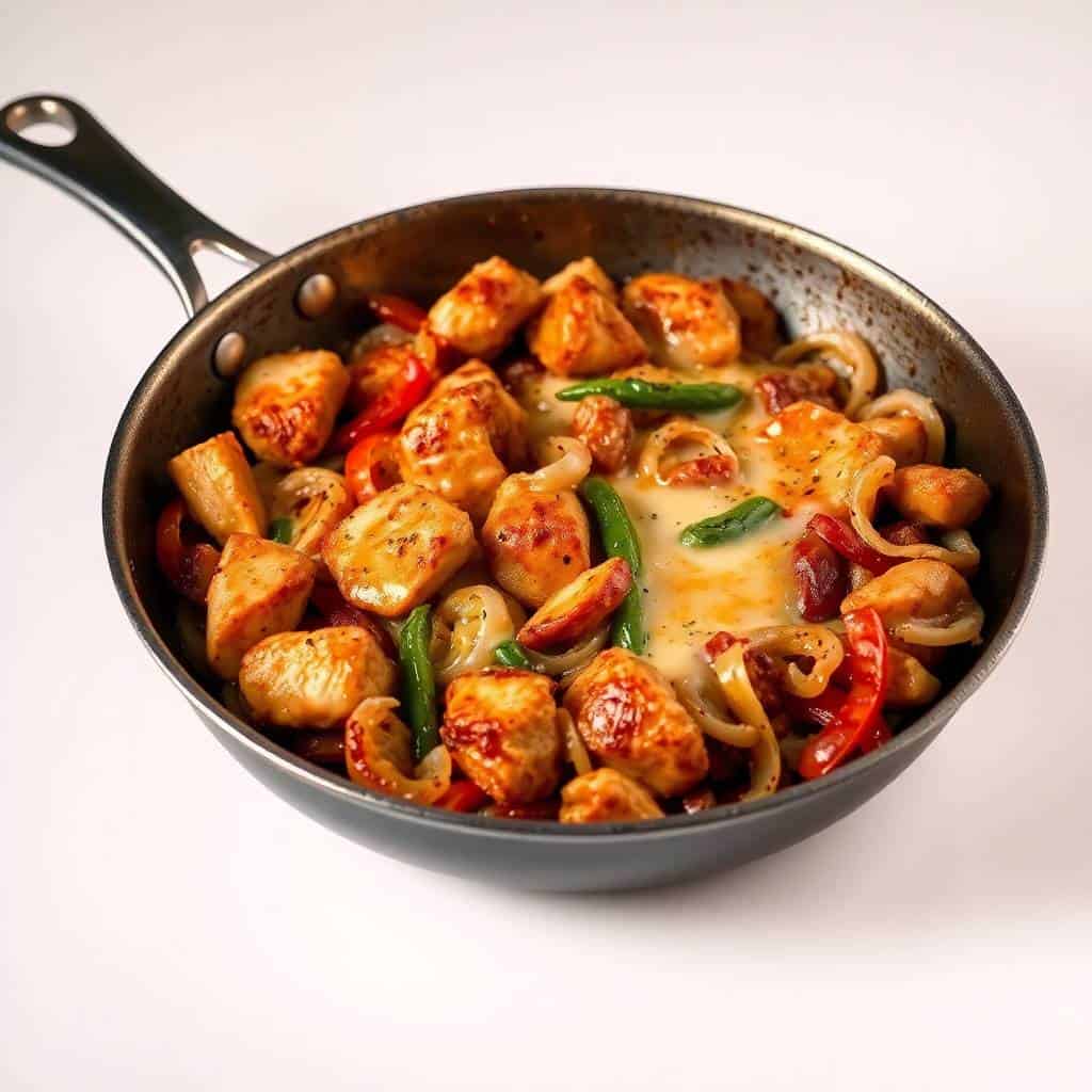Chicken cheesesteak skillet with melted cheese, sautéed peppers and onions in cast iron pan.