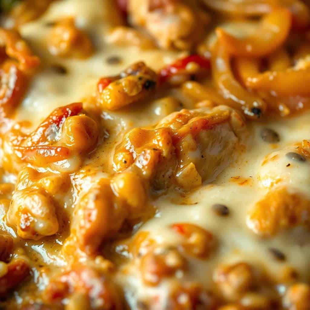 Golden-brown chicken pieces with melted cheese and peppers in a creamy skillet sauce.
