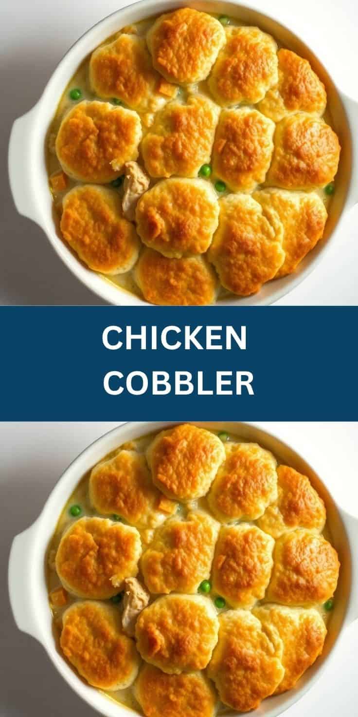 Golden-brown biscuit topping on chicken cobbler with creamy sauce and peas in white dish.