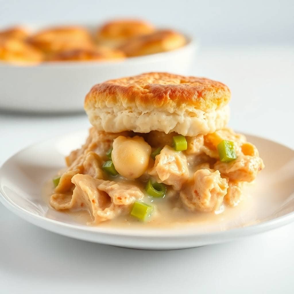 Chicken cobbler sandwich on white plate with creamy filling, peas, and carrots visible.