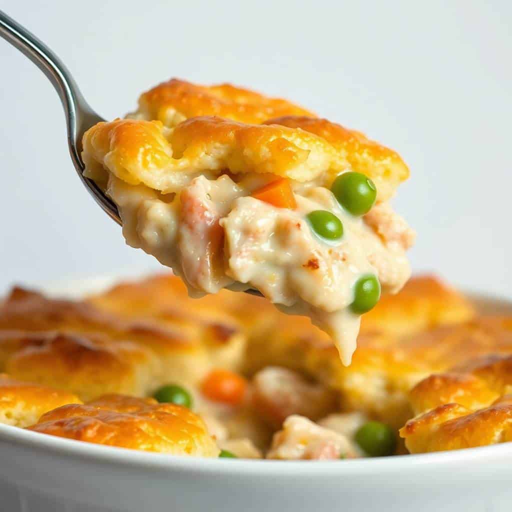 Chicken cobbler with golden biscuit topping, creamy filling, peas, and carrots on white plate.