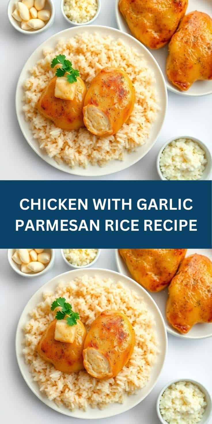 Golden-brown chicken thighs served over creamy parmesan rice with garlic, garnished with fresh parsley.