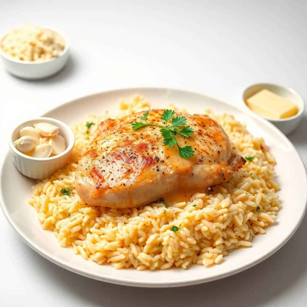 Seasoned chicken breast on golden garlic parmesan rice, garnished with fresh parsley, served with butter and almonds.