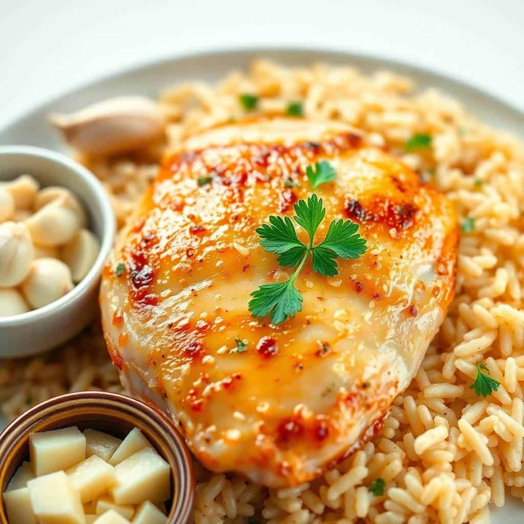 Golden-brown chicken breast with garlic parmesan rice, garnished with fresh parsley on white plate.