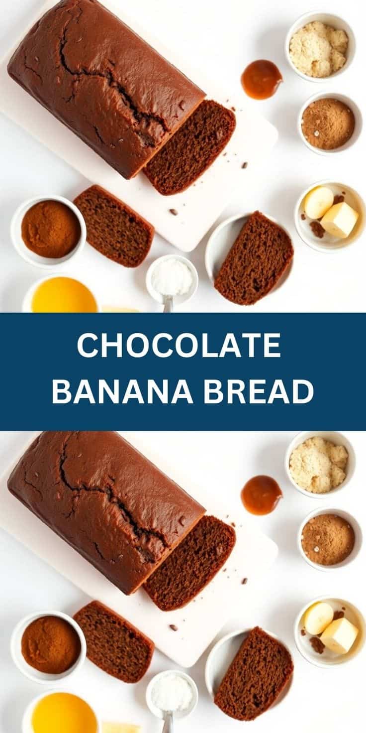 Chocolate banana bread loaf with sliced pieces and ingredient bowls displayed on white surface.