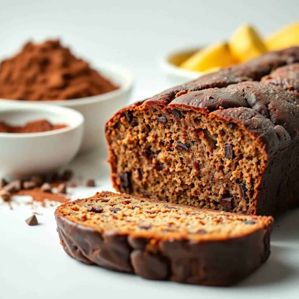 Sliced chocolate banana bread with cocoa powder, chocolate chips, lemon garnish, and cocoa in white bowls.