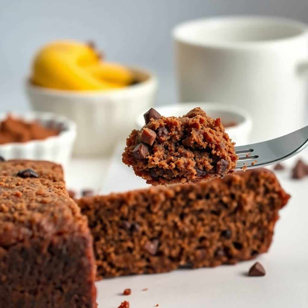 Chocolate banana bread slice on fork with cocoa powder, chocolate chips, lemon, and white ceramic bowls.