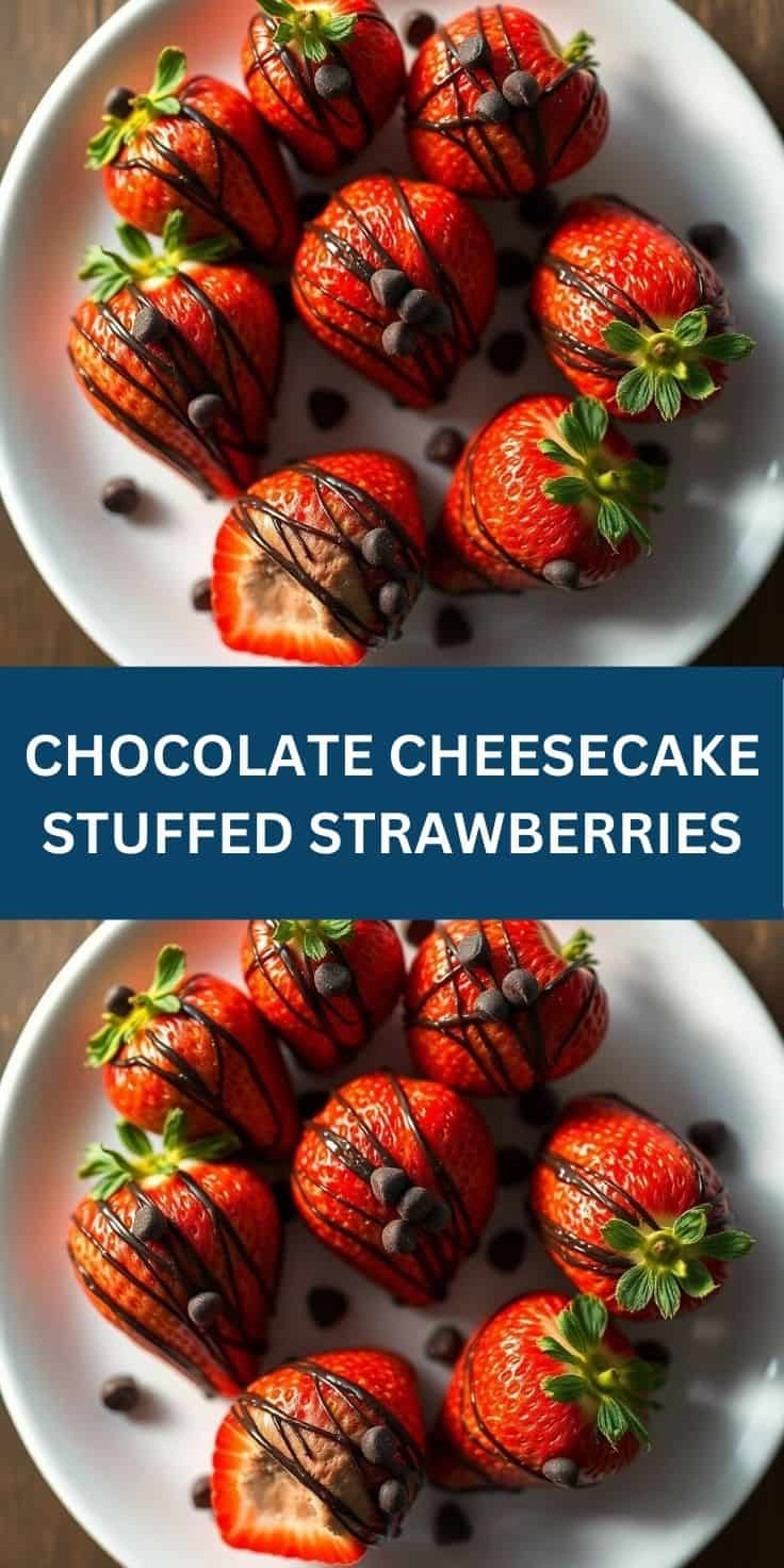 Chocolate cheesecake stuffed strawberries arranged on white plate with chocolate drizzle and chocolate chips.