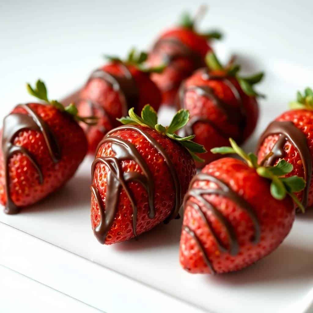 Chocolate-covered strawberries with green stems arranged on white plate, dark chocolate drizzle coating fresh red berries.