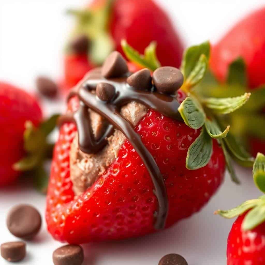 Chocolate cheesecake stuffed strawberries with chocolate drizzle and cocoa nibs on white surface.