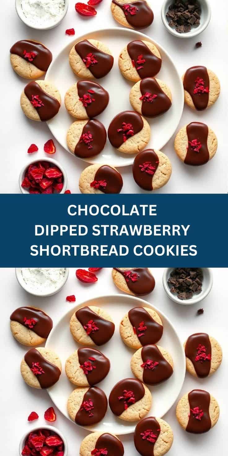 Chocolate dipped strawberry shortbread cookies garnished with freeze-dried raspberries on white plate.