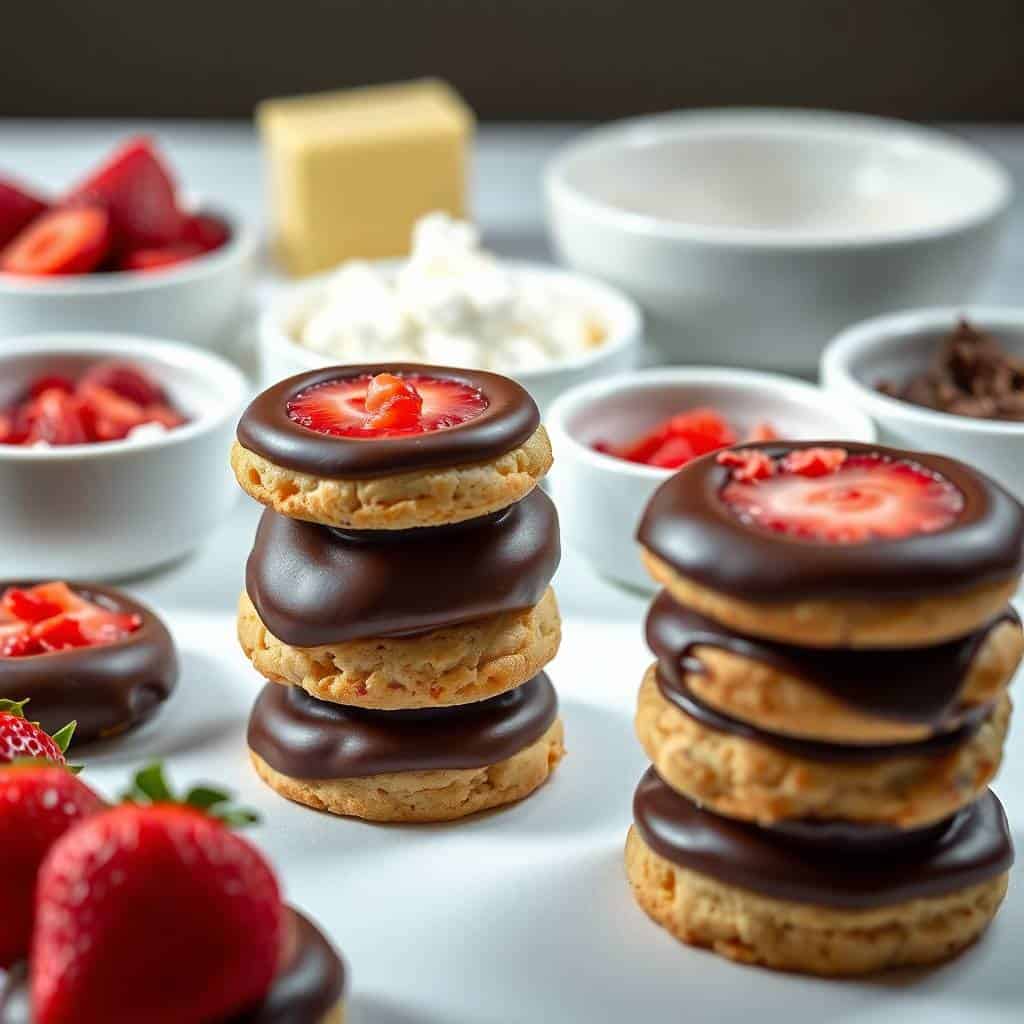 Chocolate dipped strawberry shortbread cookies stacked with fresh strawberries and baking ingredients displayed on white s...