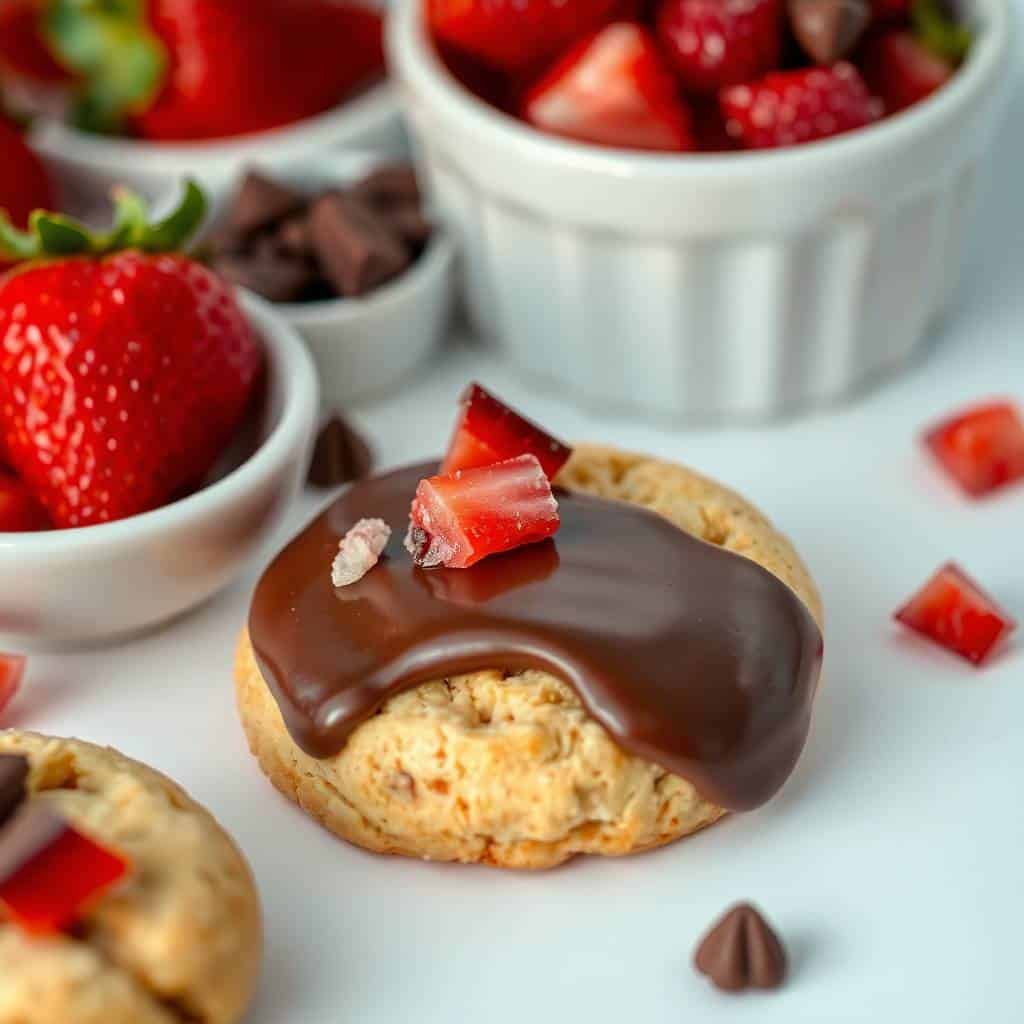Chocolate dipped shortbread cookies topped with strawberry pieces, displayed with fresh berries in white bowls.