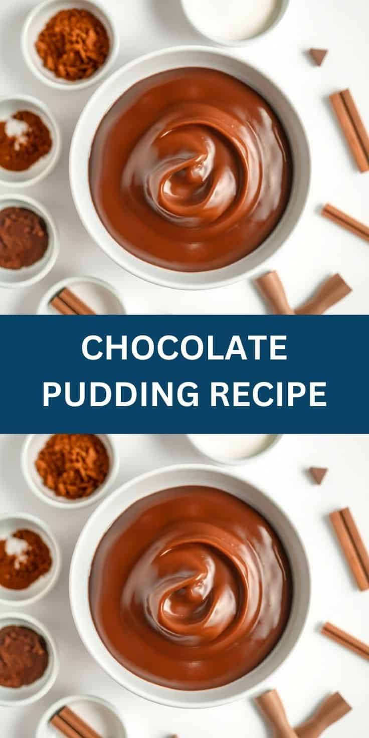 Creamy chocolate pudding in white bowl surrounded by cocoa powder, cinnamon sticks, and ingredient bowls.