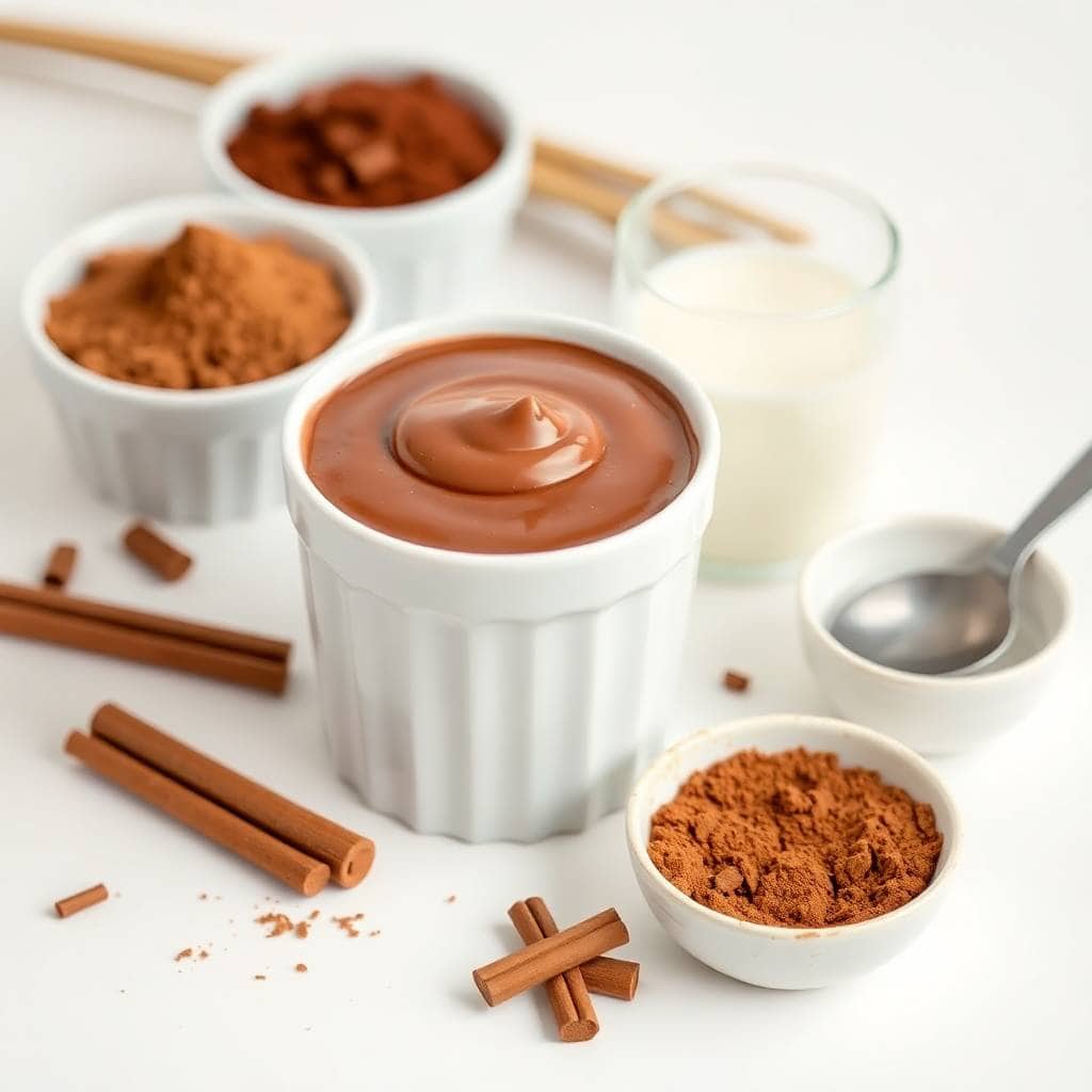 Chocolate pudding in white ramekins with cinnamon sticks and cocoa powder ingredients arranged nearby.