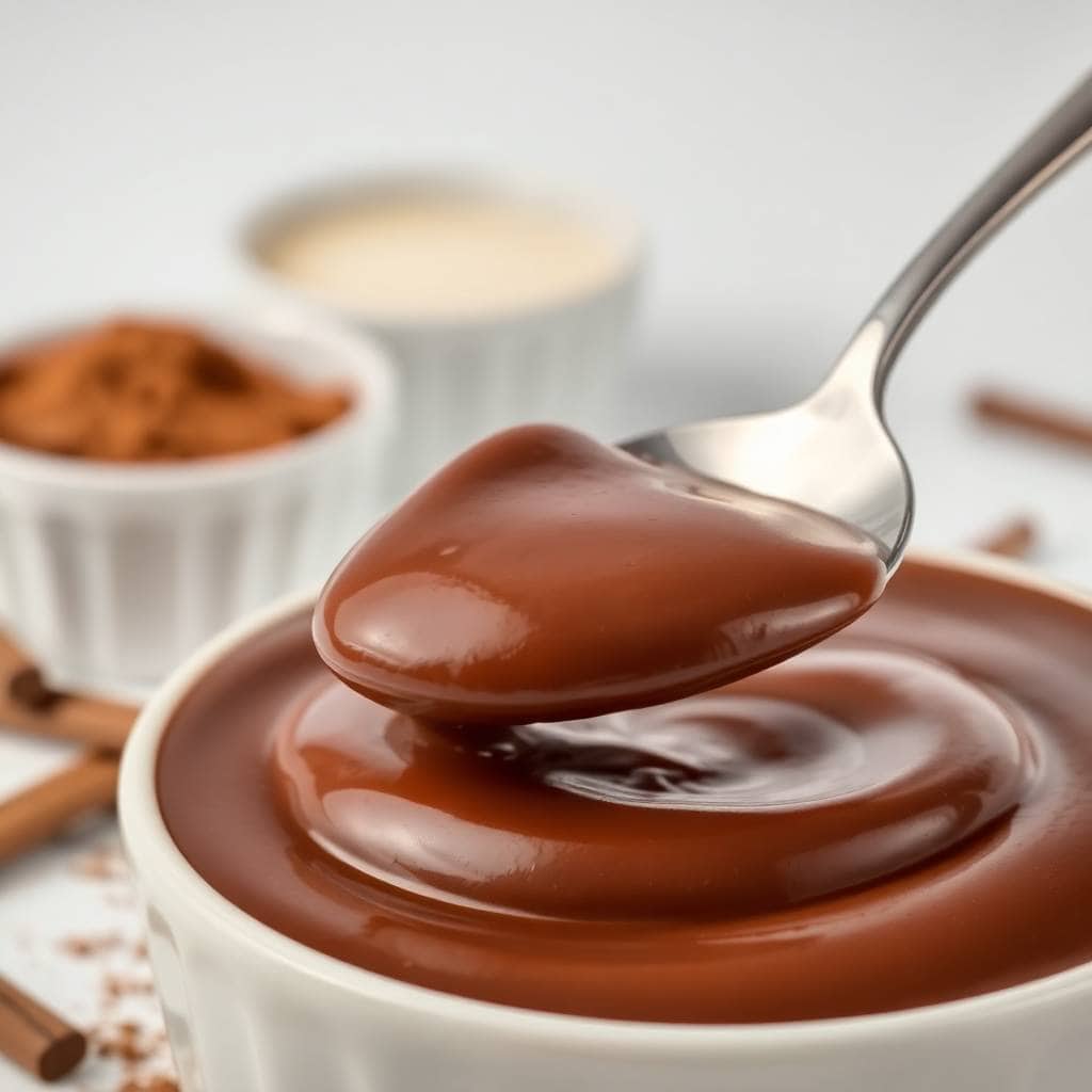 Spoon lifting creamy chocolate pudding from white bowl with cocoa powder and ingredients blurred in background.