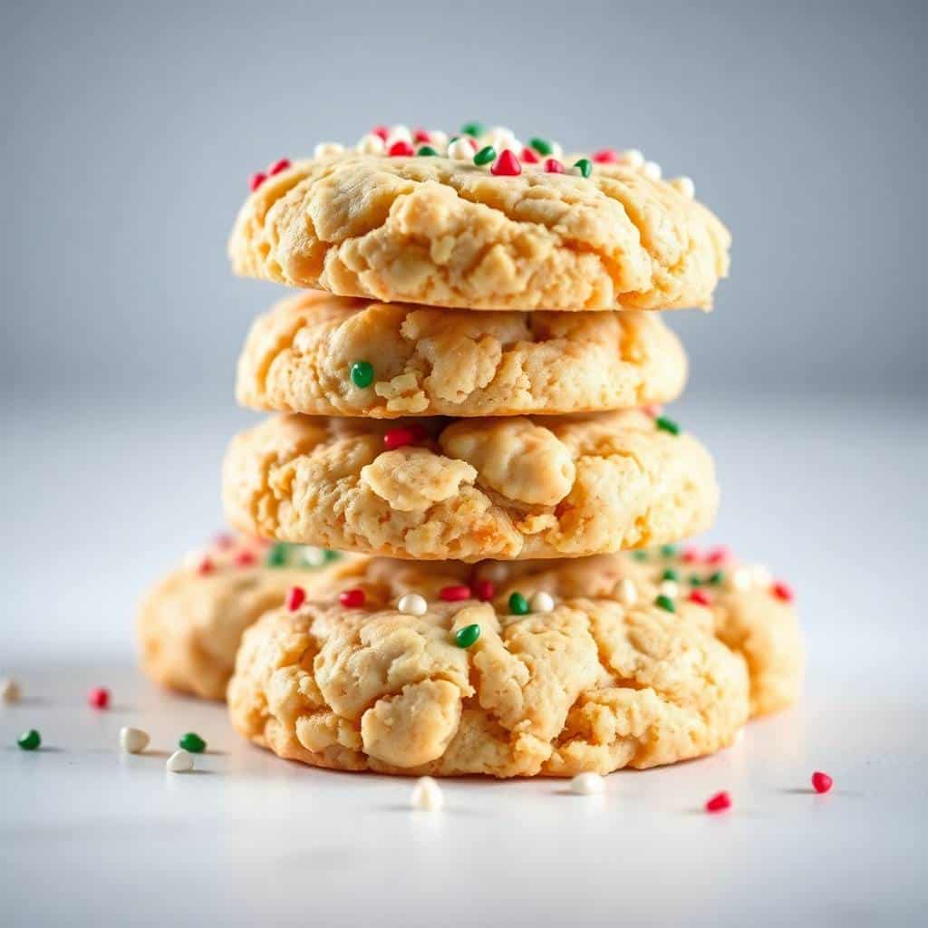 Stacked Christmas shortbread cookie bites topped with colorful sprinkles on white surface.