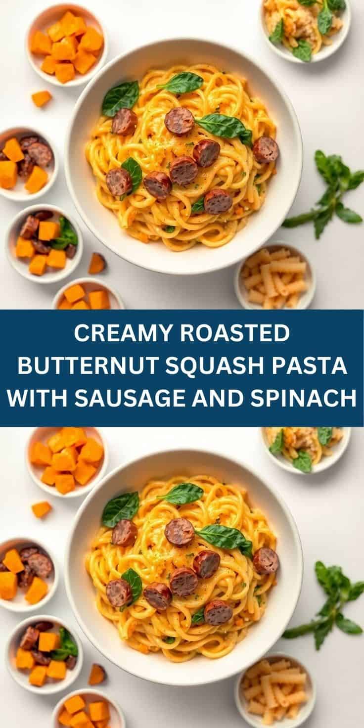 Creamy butternut squash pasta with sausage slices and fresh spinach garnish in white bowl.