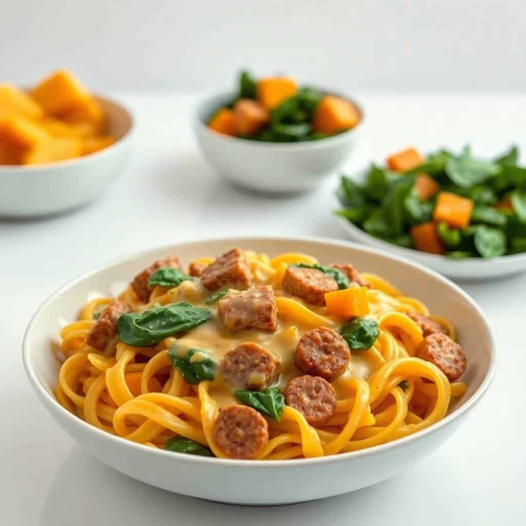 Creamy butternut squash pasta with sausage, spinach, and orange vegetable garnish in white bowl.