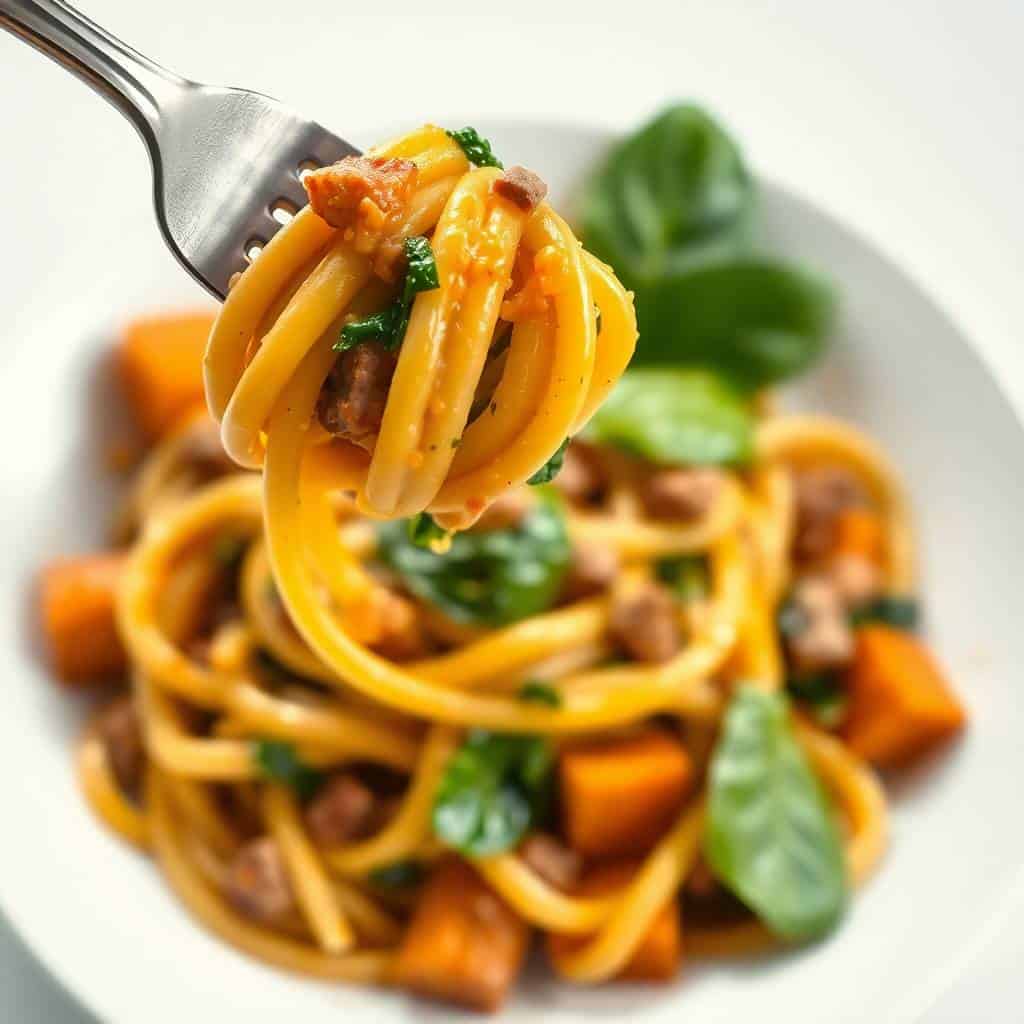 Fork lifting creamy butternut squash pasta with sausage, garnished with fresh spinach on white plate.
