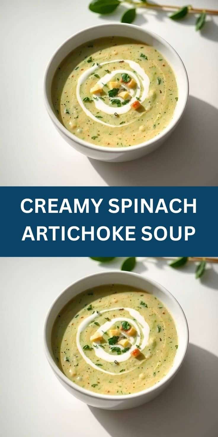 Creamy spinach artichoke soup in white bowl with sour cream swirl and fresh herb garnish.
