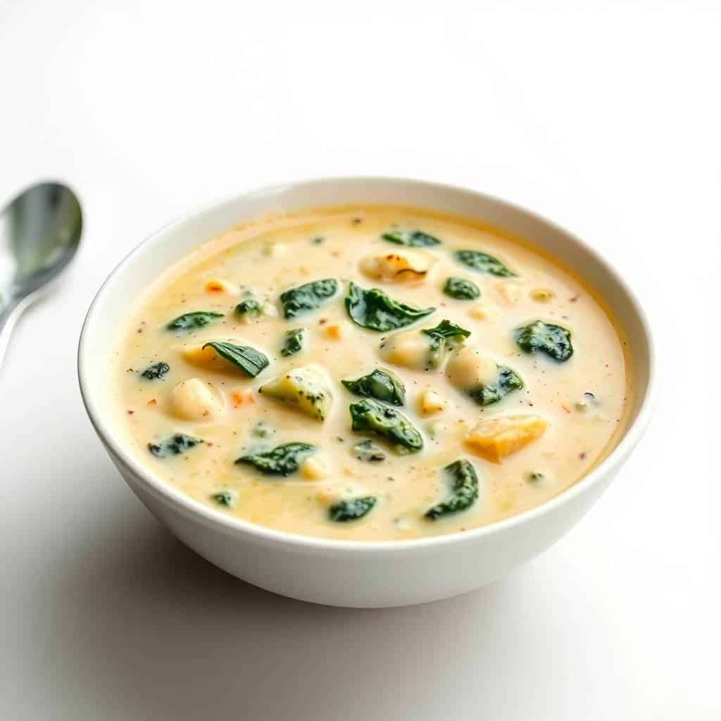 Creamy spinach artichoke soup in white bowl with fresh spinach leaves and chickpeas garnish.